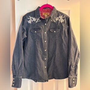 Wrangler Embroidered Grey Denim Pearl Snap Button-Up Shirt